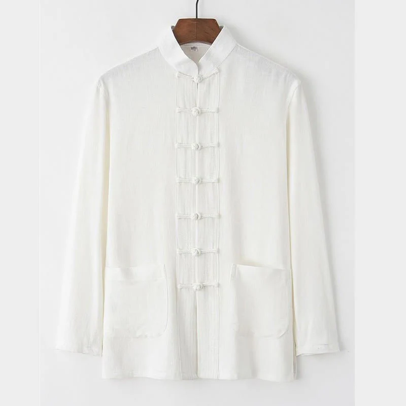 Buddha Stones 2Pcs Tang Suit Frog-Button Long Sleeve Shirt Pants Linen Cotton Men's Set