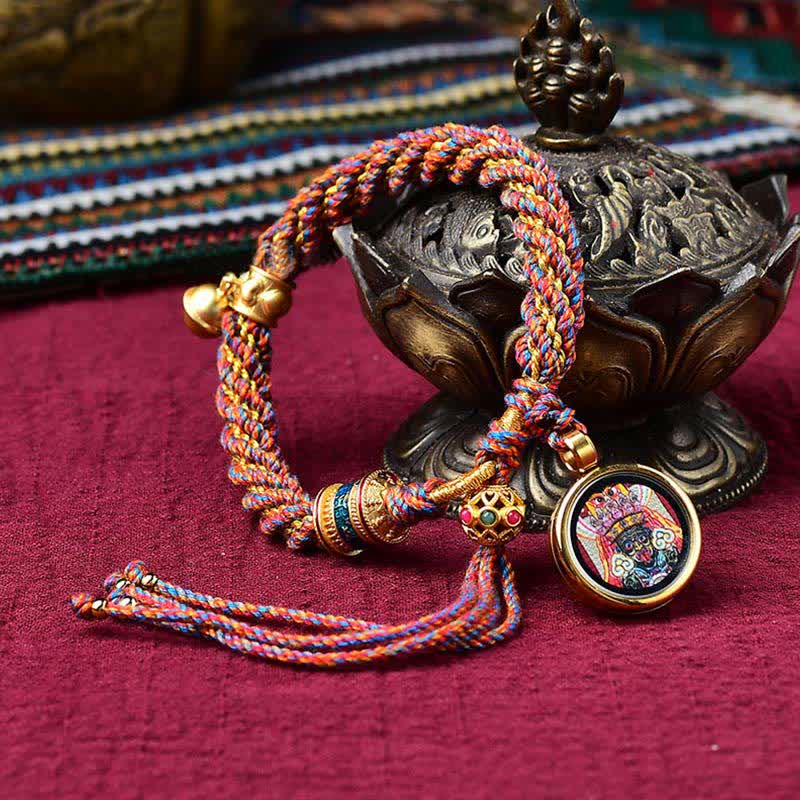 Buddha Stones Tibetan Handmade Luck Protection Thangka Prayer Wheel Bell Charm Braid String Bracelet