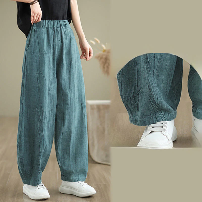 Buddha Stones Casual Plain Women's Cotton Linen Harem Pants With Pockets