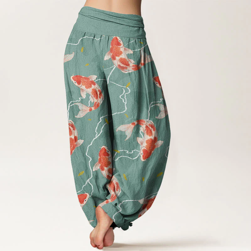 Buddha Stones Red White Koi Fish Pattern Design Women's Elastic Waist Harem Pants