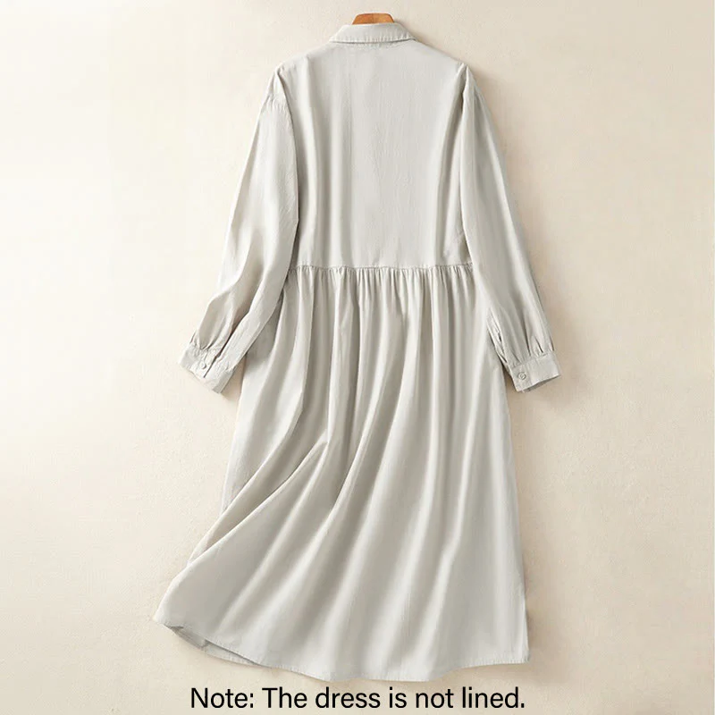 Buddha Stones Casual Plaid Pleats Buttons Design Long Sleeve Cotton Midi Dress With Pockets