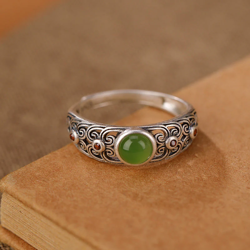 Buddha Stones 925 Sterling Silver Hetian Cyan Jade Harmony Adjustable Ring