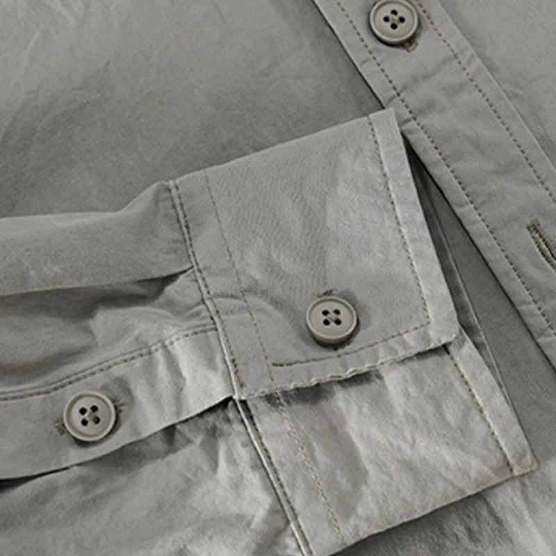 Buddha Stones Spring Daily Line Patchwork Design Lapel Men's Long Sleeve Cotton Linen Shirt With Pockets