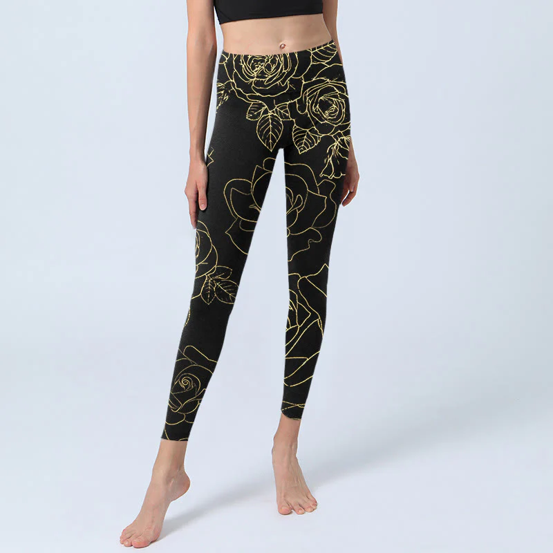 Buddha Stones Rose Flower Leaves Golden Line Pattern Print Gym Leggings Women's Yoga Pants