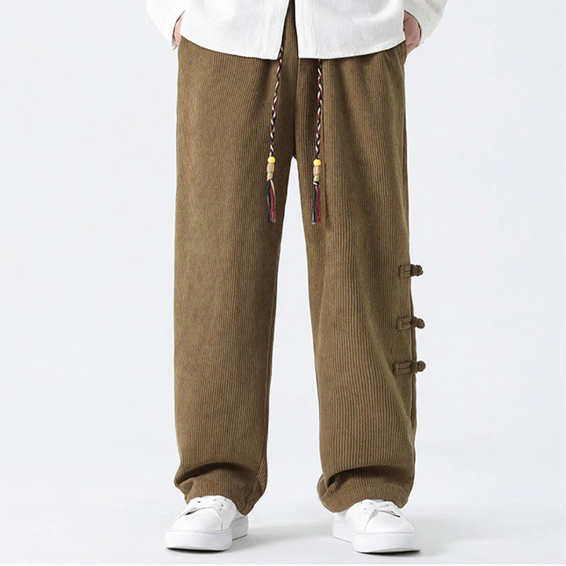 Buddha Stones Plain Chinese Frog-Button Design Drawstring Men's Corduroy Pants With Pockets