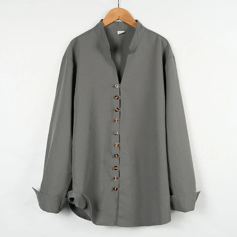 Buddha Stones Solid Color Buttons Fall Long Sleeve Linen Men's Shirt