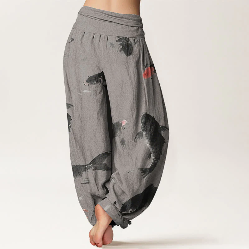 Buddha Stones Casual Koi Fish Pattern Women's Elastic Waist Harem Pants