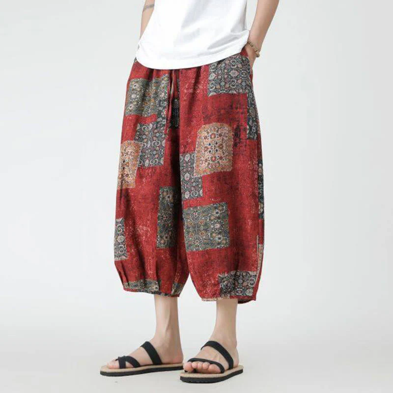 Buddha Stones Summer Square Patchwork Elephant Mandala Geometry Cotton Linen Men's 7-8 Length Pants With Pockets