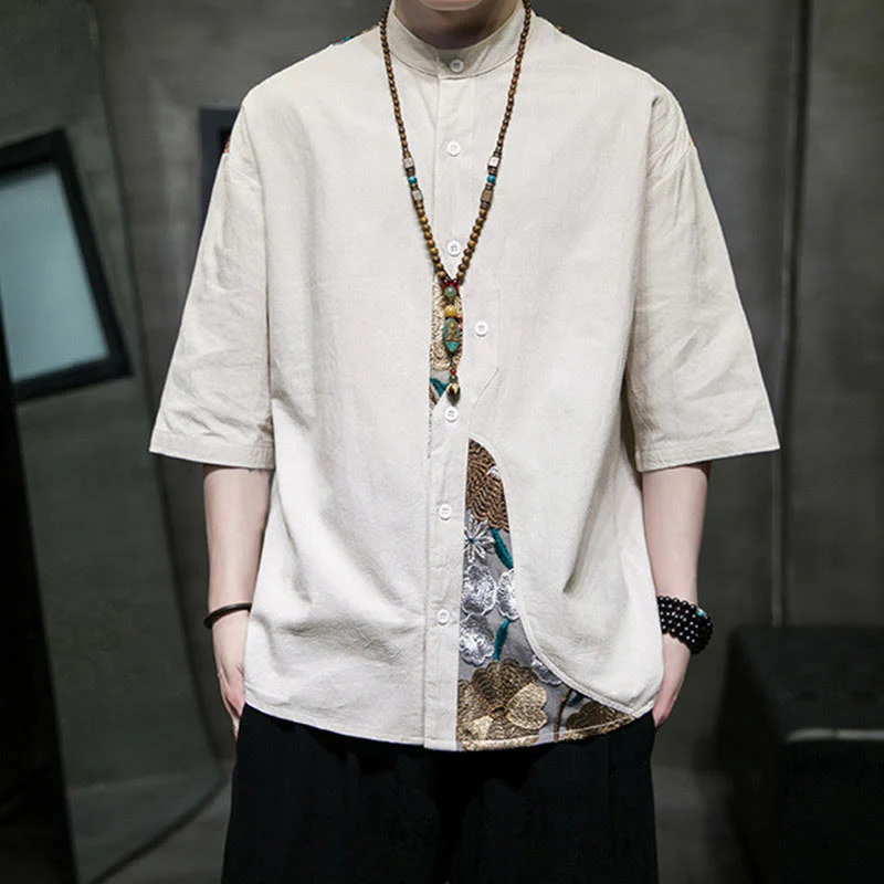 Buddha Stones Embroidery Patchwork Simple Design Three Quarter Sleeve Men's Cotton Linen Shirt