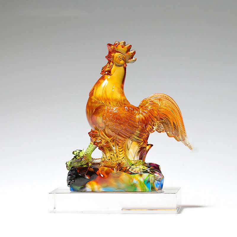 Buddha Stones Handmade Liuli Crystal Rooster Art Piece Home Decoration