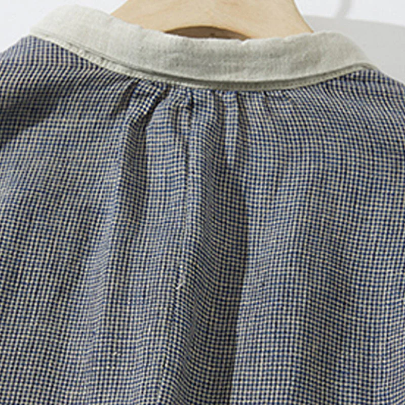 Buddha Stones Commute Retro DimGray Plaid Lantern Sleeve Cotton Linen Midi Dress With Pockets