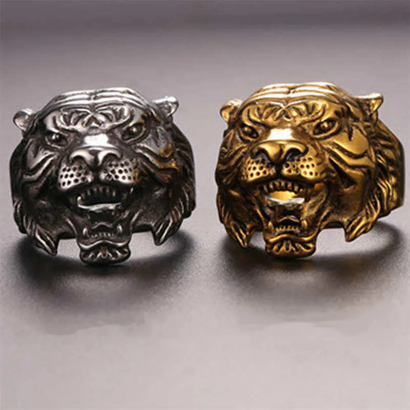 Buddha Stones Men's Animal Tiger Head Titanium Steel Balance Calm Punk Rock Biker Ring
