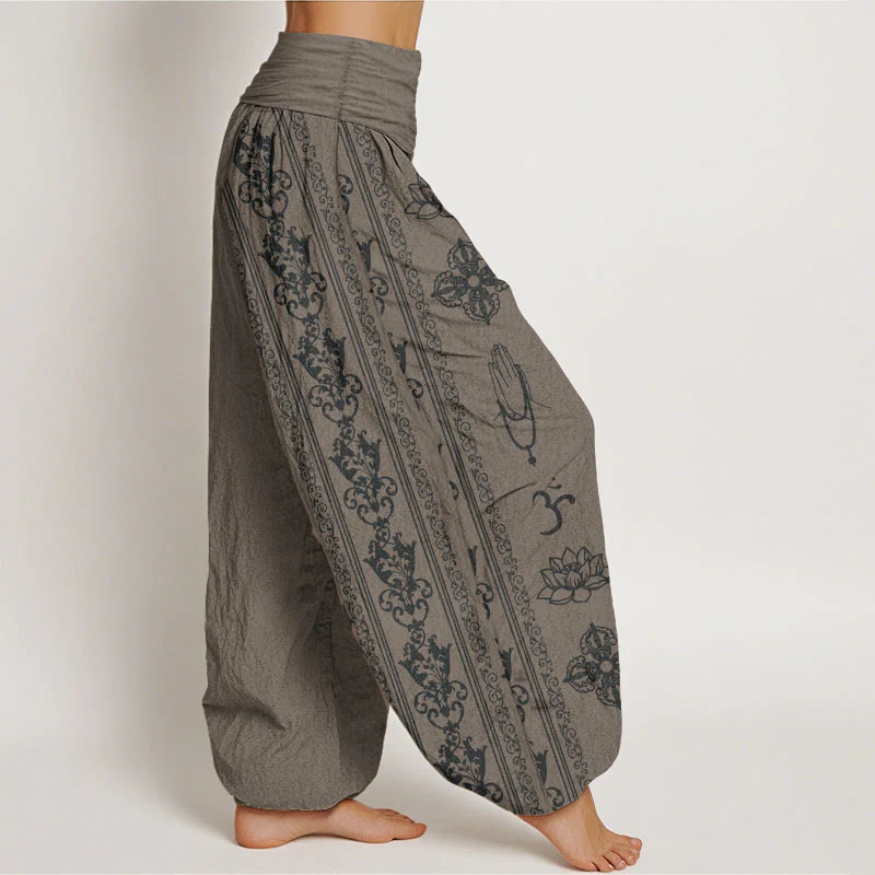 Buddha Stones Pure Cotton Lotus Flowers Double Dorje Vajra Namaste Om Design Women's Elastic Waist Harem Pants
