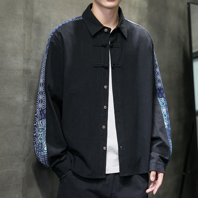 Buddha Stones Men's Flower Pattern Stitching Cotton Blend Long Sleeve Shirt