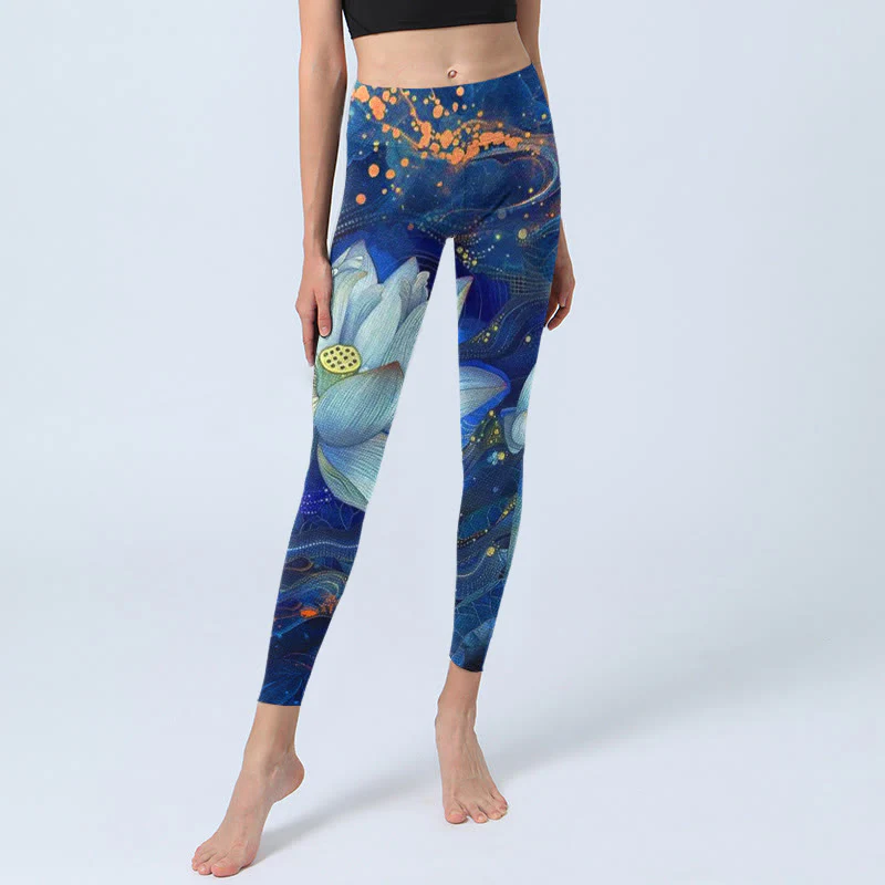 Buddha Stones Blooming White Lotus Pattern Print Gym Leggings Women's Yoga Pants
