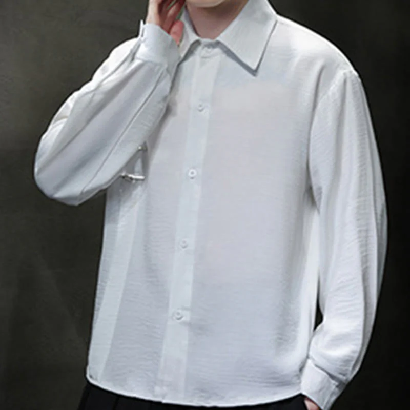 Buddha Stones Plain Buttons Stand Collar Long Sleeve Men's Cotton Shirt