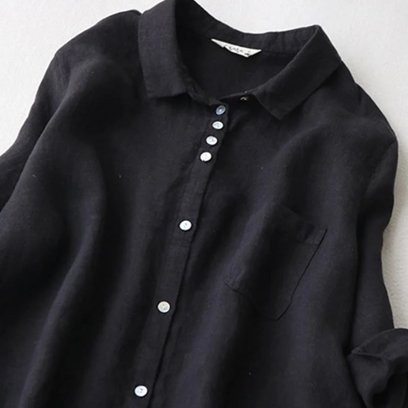 Buddha Stones Buttons Design Lapel Three Quarter Sleeve Cotton Linen Midi Dress With Pockets