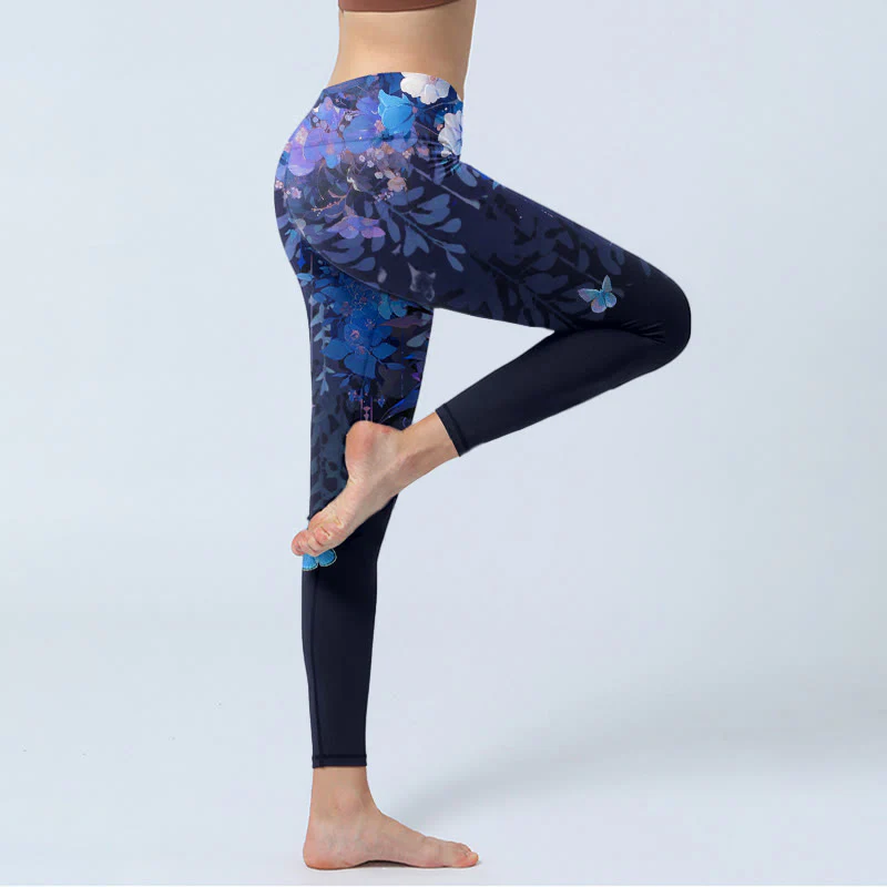 Buddha Stones Purple Flower Butterfly Pattern Print Gym Leggings Women's Yoga Pants