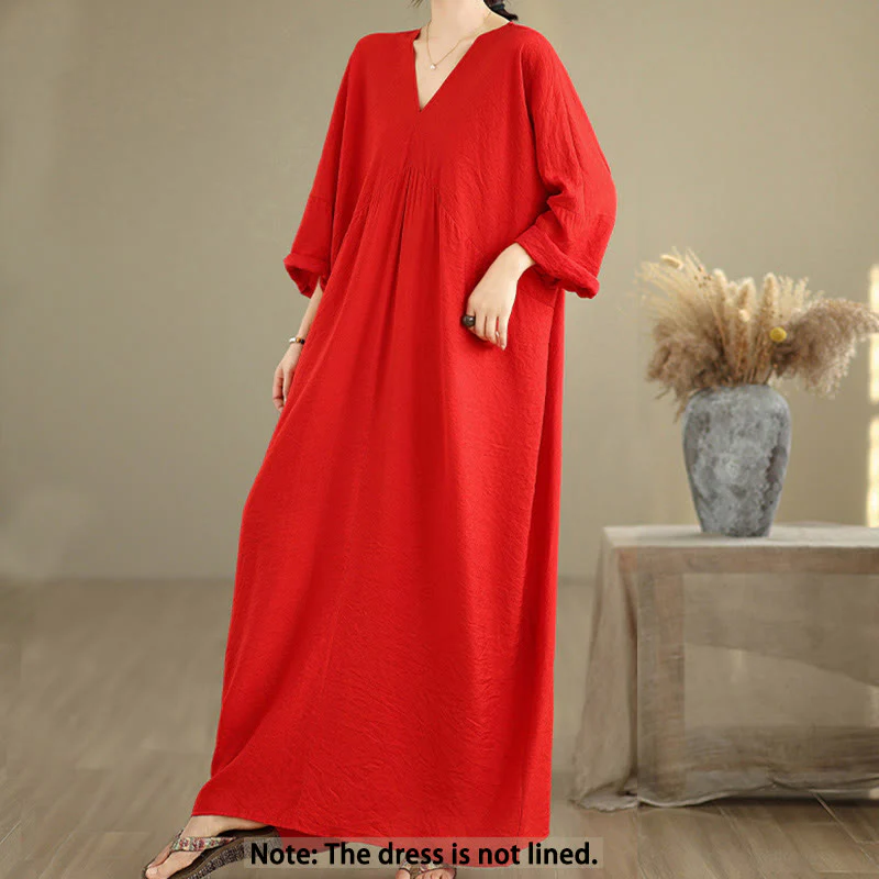 Buddha Stones Fall Casual V-Neck Long Sleeve Cotton Midi Dress