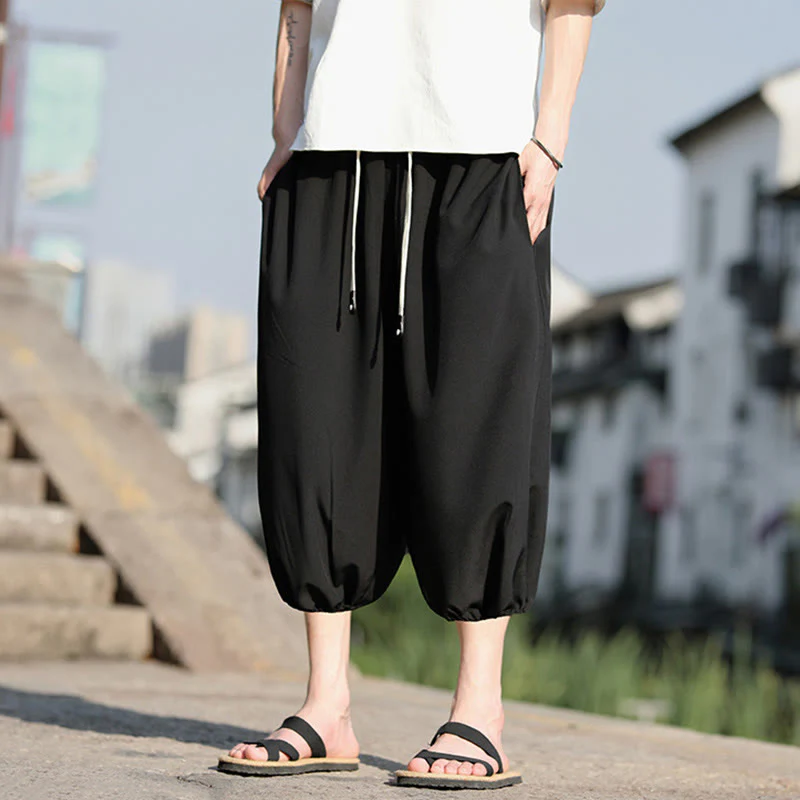 Buddha Stones Solid Drawstring Men's Capri Cropped Harem Pants With Pockets