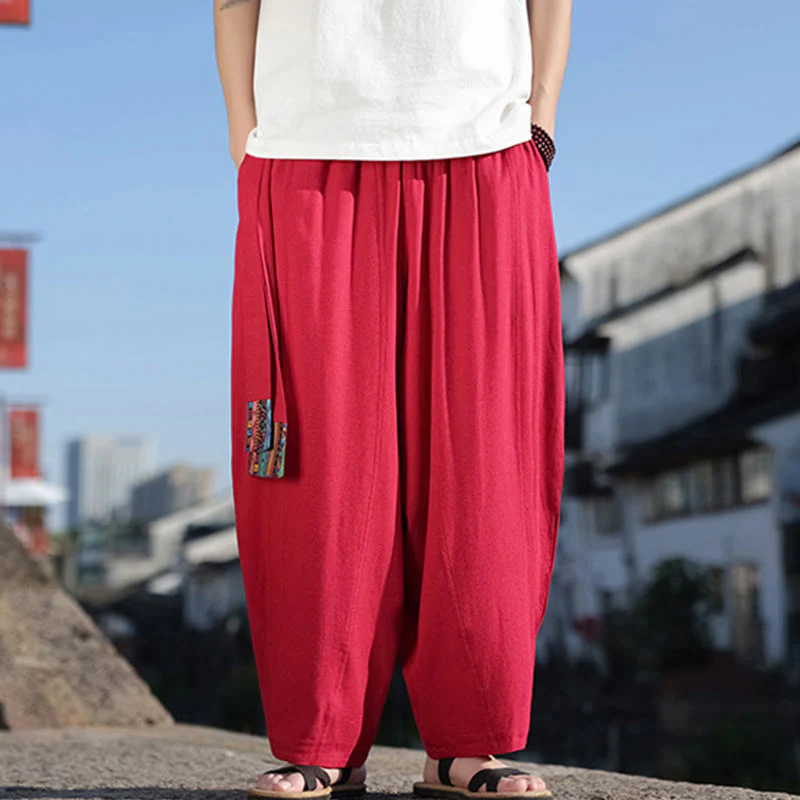 Buddha Stones Simple Patchwork Design Drawstring Soft Cotton Men's Wide Leg Pants With Pockets
