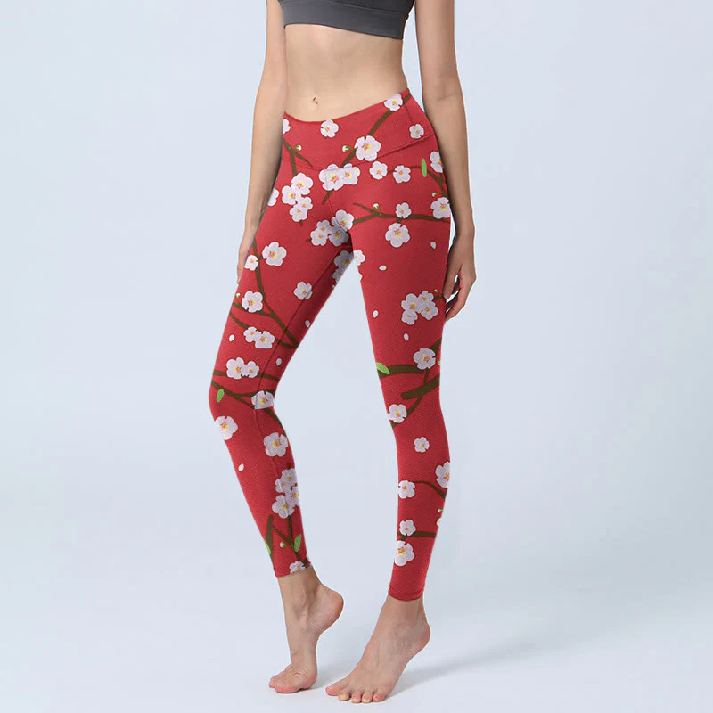 Buddha Stones Plum Blossoms Branches Leaves Pattern Print Gym Leggings Women's Yoga Pants