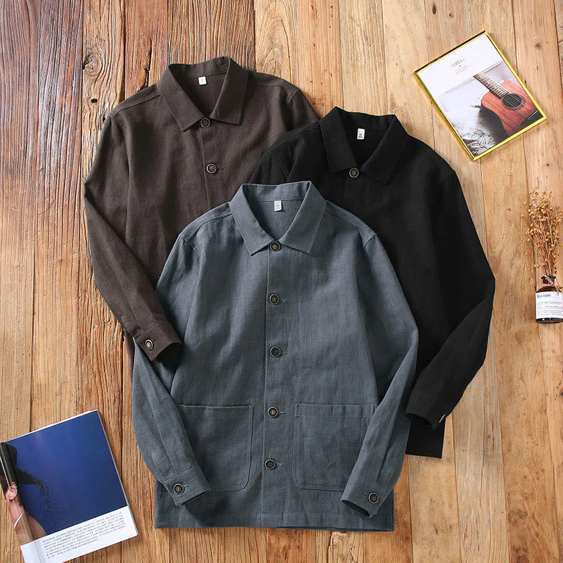 Buddha Stones Casual Plain Long Sleeve Button Lapel  Design Men's Ramie Linen Jacket With Pockets