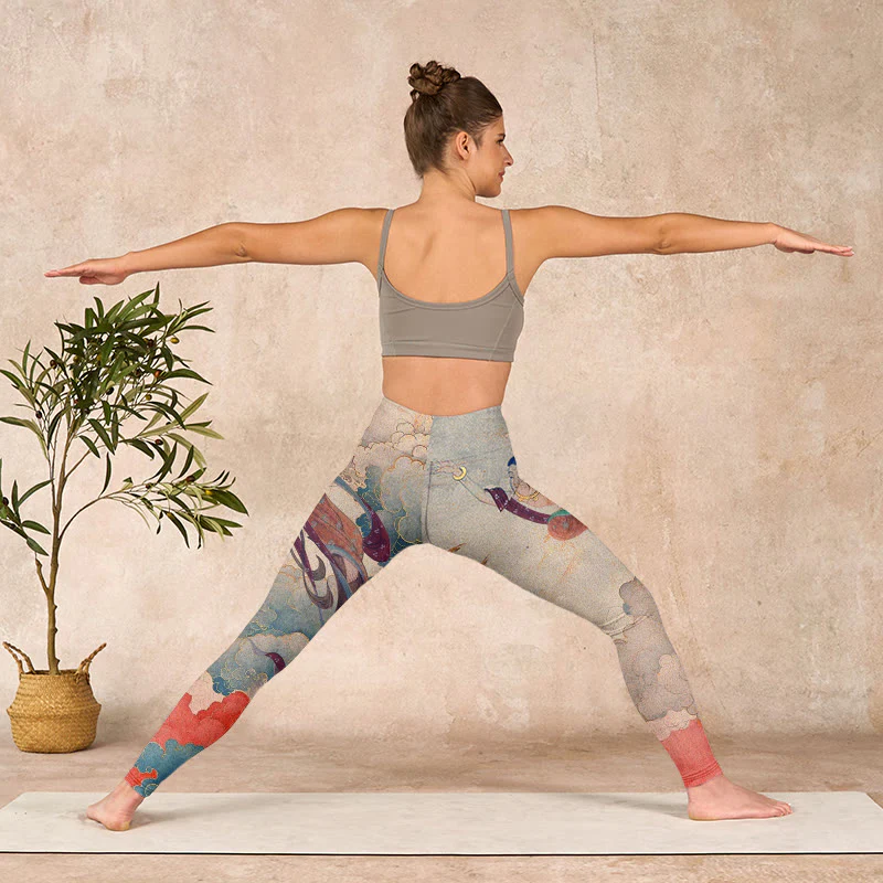 Buddha Stones Dunhuang Flying Apsaras Auspicious Clouds Print Fitness Leggings Women's Yoga Pants