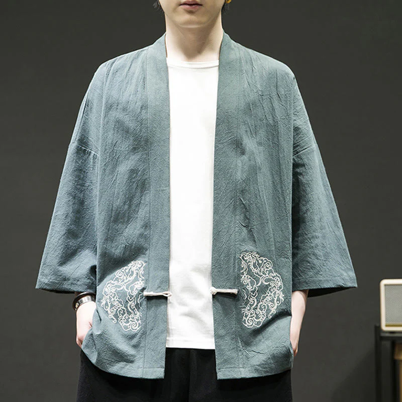 Buddha Stones Chinese Frog-Button Design Open Front Jacket Men's Cotton Linen Kimono