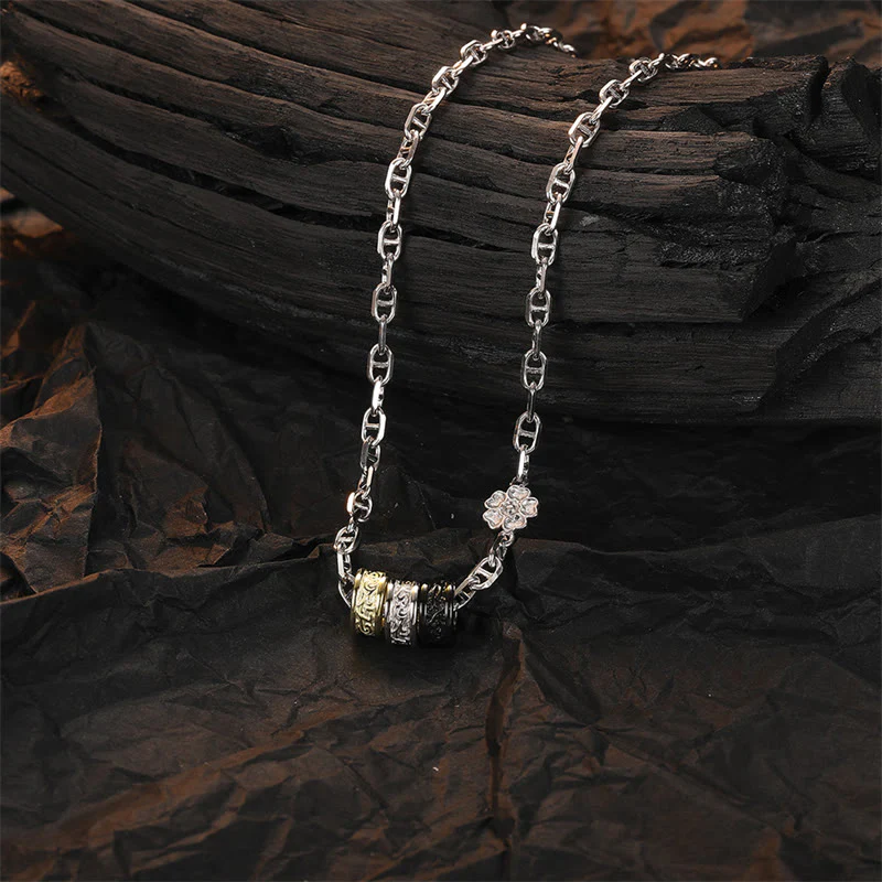 Buddha Stones 925 Sterling Silver Retro Tang Dynasty Flower Design Luck Energy Chain Necklace Pendant