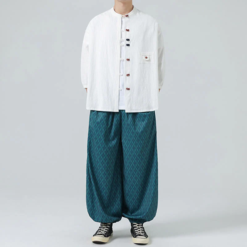 Buddha Stones Summer Frog-Button Front Stand Collar Men's Three Quarter Sleeve Cotton Shirt Cardigan With Pocket