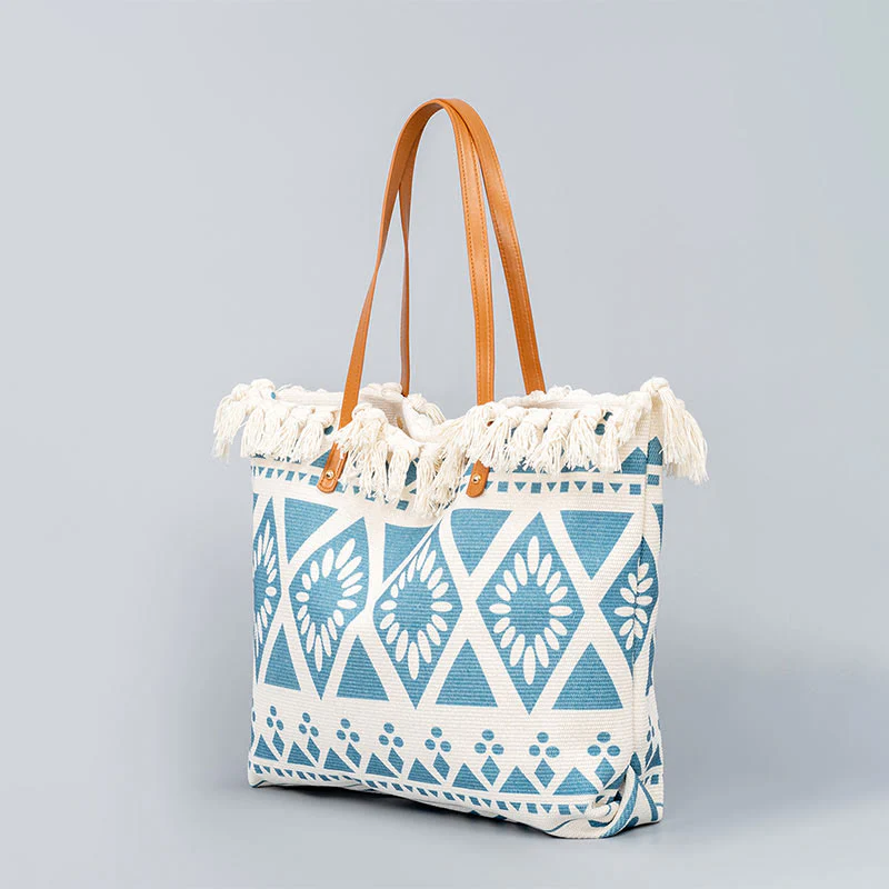 Buddha Stones Large Capacity Boho Geometry Print Tassel Canvas Tote Shoulder Bag