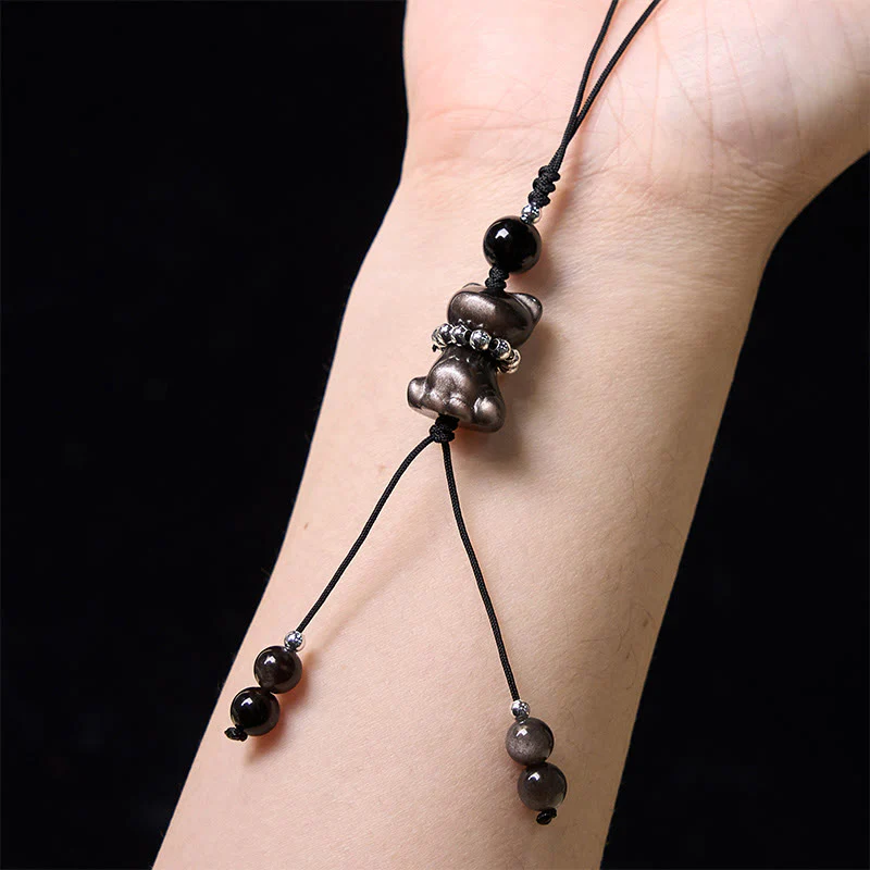 Buddha Stone Natural Silver Sheen Obsidian Noble Kitten Cat Soothing Phone Hanging Decoration