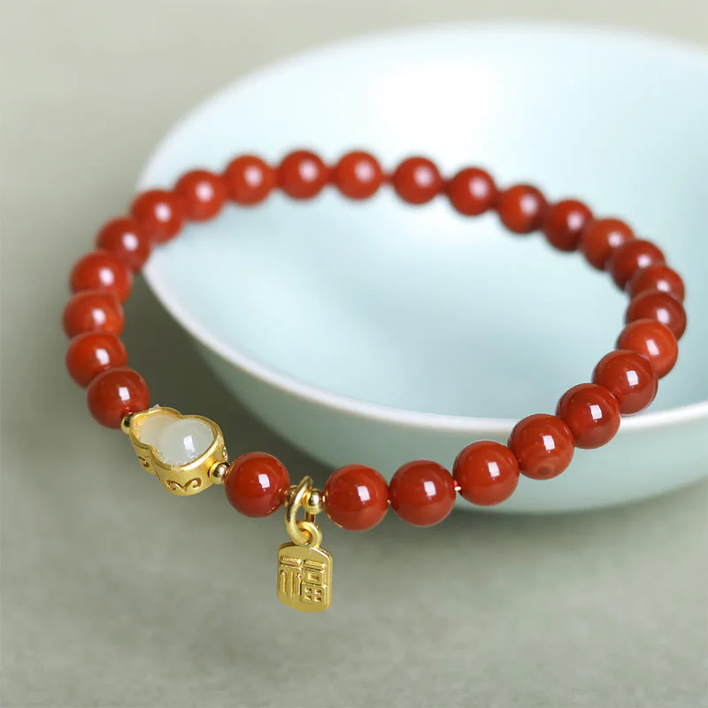 Buddha Stones Natural South Red Agate Hetian Jade Gourd Positive Bracelet