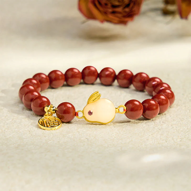 Buddha Stones Cinnabar Rabbit Bunny Fu Character Blessing Bracelet
