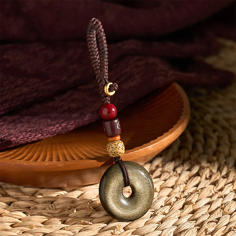 Buddha Stones Natural Gold Sheen Obsidian Peace Buckle Strengthen Key Chain