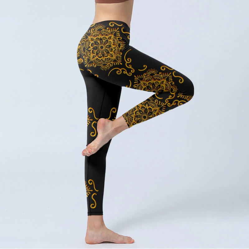 Buddha Stones Golden Mandala Flowers Print Gym Leggings Women's Yoga Pants