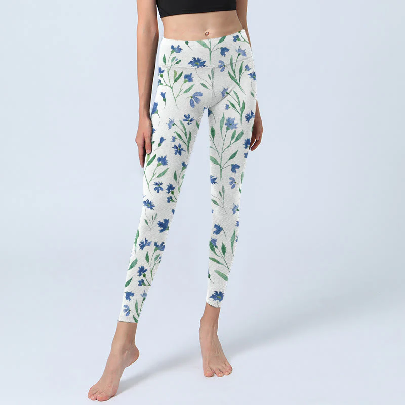 Buddha Stones White Flowers Leaf Pattern Print Gym Leggings Women's Yoga Pants