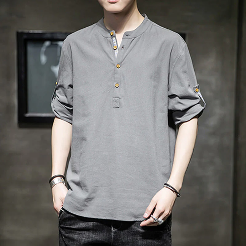 Buddha Stones Summer Solid Men's Half Buttons Half Sleeve Linen Shirt