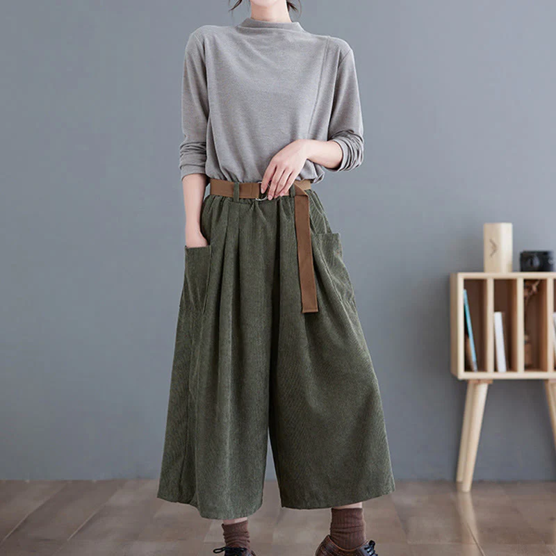 Buddha Stones Retro Women's Wide Leg 7-8 Length Corduroy Cotton Pants With Pockets Belt