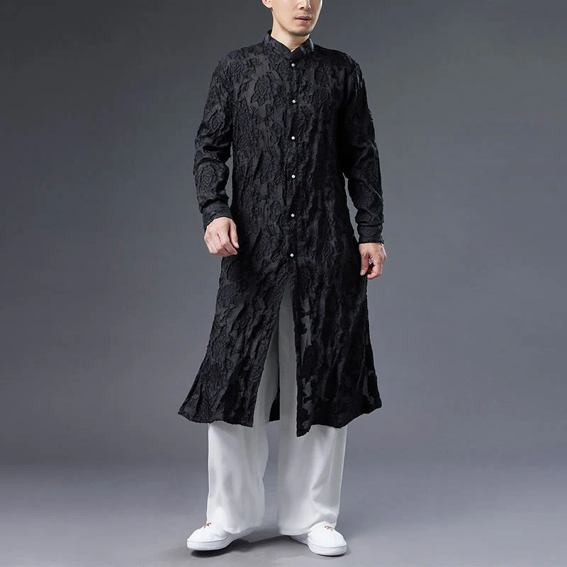 Buddha Stones Fall Peony Flowers Button Down Cotton Coat Men's Tang Suit Robe