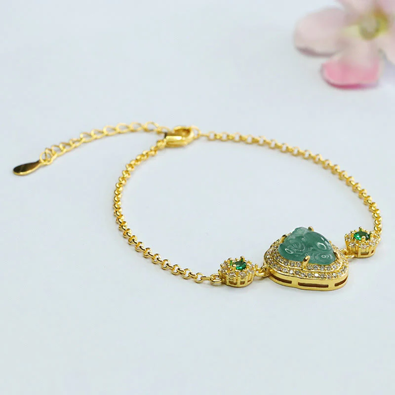 Buddha Stones Laughing Buddha Green Jade Zircon Luck Chain Bracelet