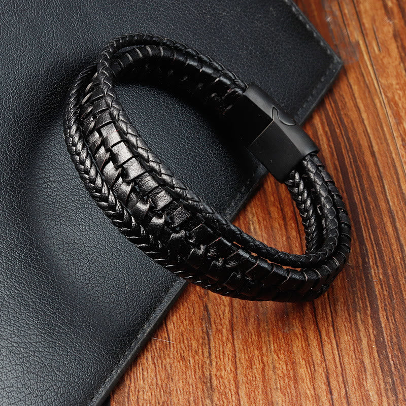 Buddha Stones Simple Braided Pattern Titanium Steel Strengthen Multi-layer Leather Buckle Bracelet