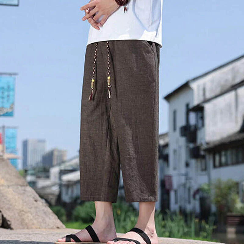 Buddha Stones Casual Woven Bead Waist Rope Men's 7-8 Length Spandex Pants With Pockets