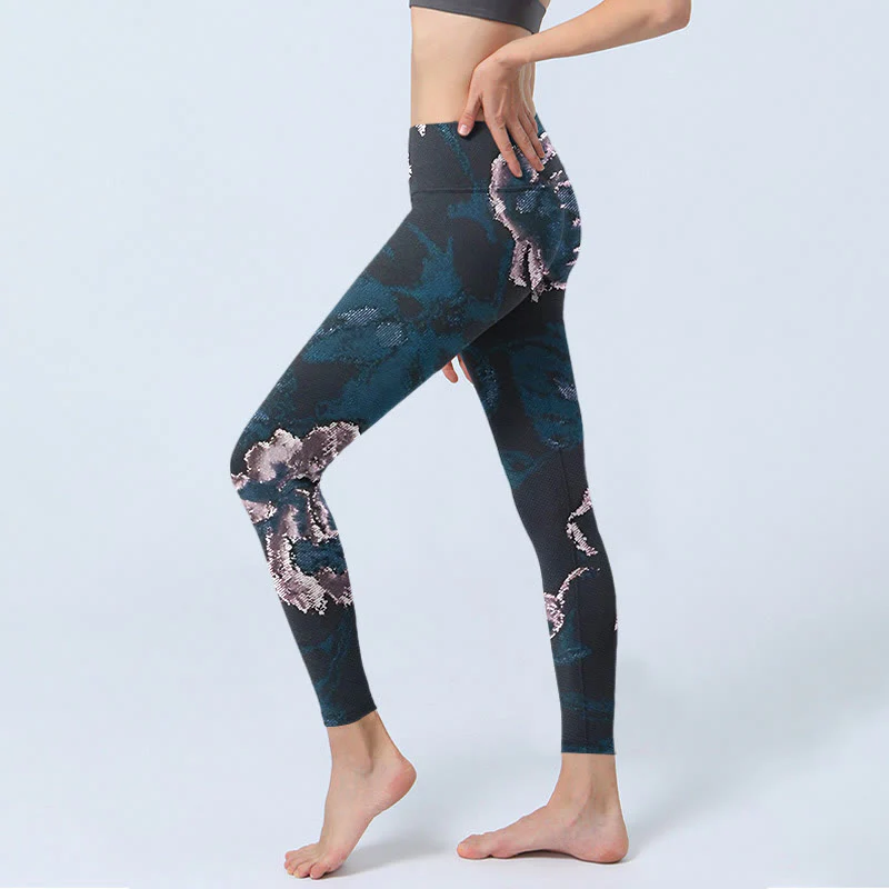 Buddha Stones SteelBlue Silver Flowers Print Exercise Leggings Women's Yoga Pants