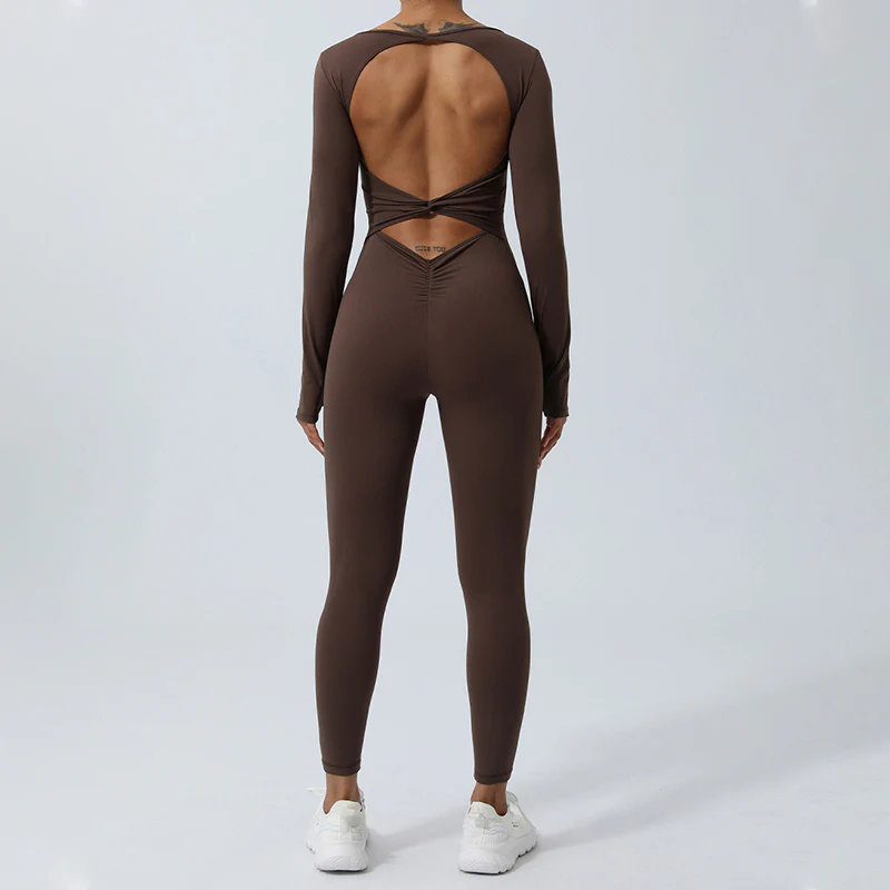 Buddha Stones Women Long Sleeve Backless Jumpsuit Sports Fitness Yoga Bodysuit