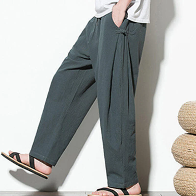 Buddha Stones Summer Side Frog-Button Design Men's Cotton Linen Pants With Pockets