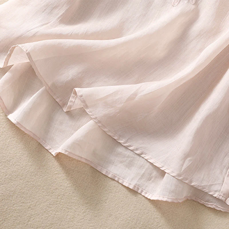 Buddha Stones Women's Crew Neck Hollow Design Half Sleeve Cotton Linen Shirt