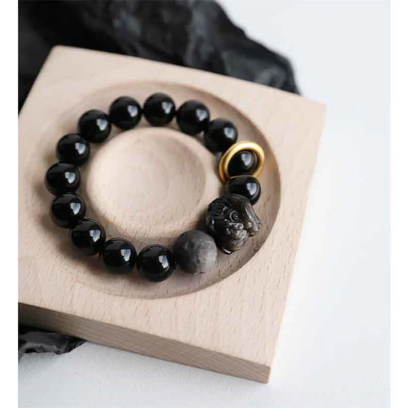 Buddha Stones Black Obsidian Silver Sheen Obsidian Lion Strength Bracelet