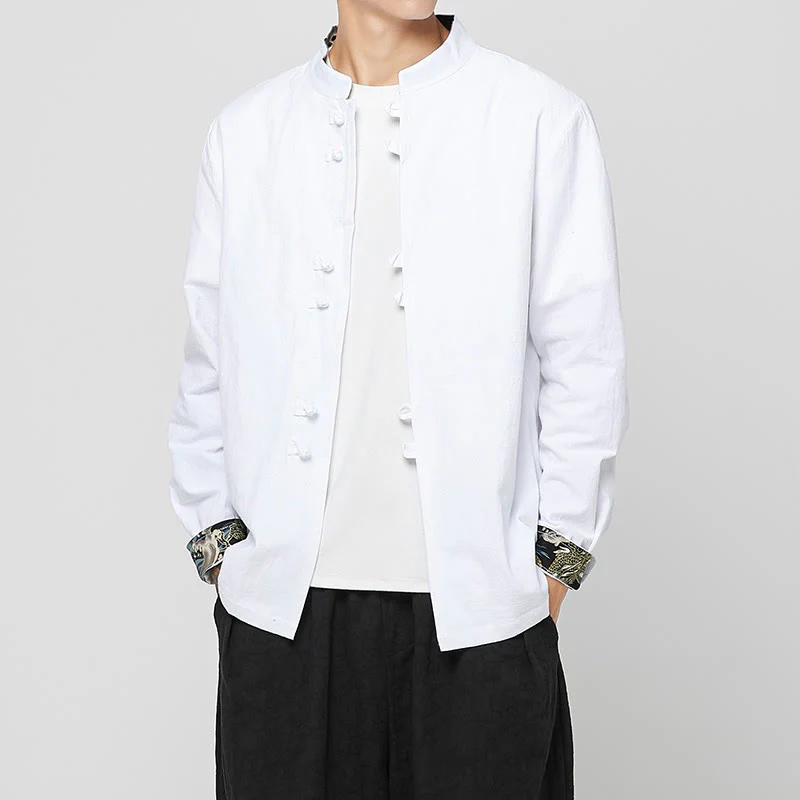 Buddha Stones Men's Frog-Button Dragon Pattern Cuffs Cotton Long Sleeve Shirt